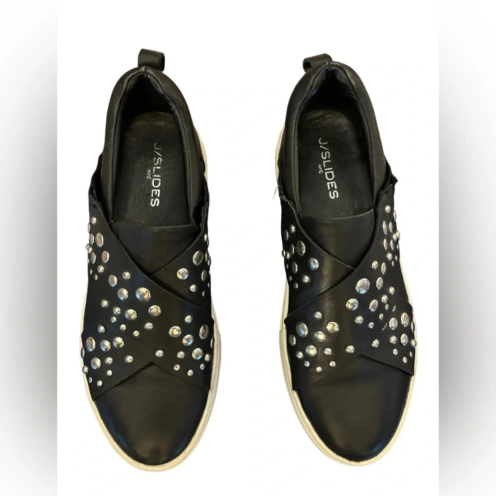 J/Slides Women’s Black Leather Studded Slip On Sneakers Size 8.5‎